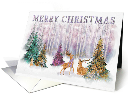 Christmas Deers and Wildlife by Faux Glitter Trees in Forest card