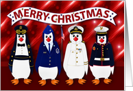 Christmas Four Penguins in Military Attire Navy Airforce Marines Army card