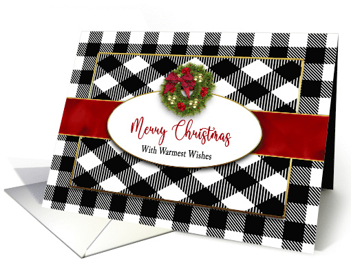 Christmas Warmest Wishes Black White Layers Plaid Faux Red Ribbon card