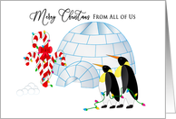 Christmas From All of Us Two Penguins Decorating Candy Cane Tree Igloo card