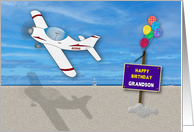 Birthday Grandson Airplane with Pilot Flying over Ocean and Beach card
