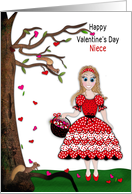 Valentines Day Niece Girl Gathering in Baskets Heart Leaves by Tree card