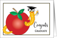 Congratulations Graduate Happy Worm in Apple Cap Diploma in hand card