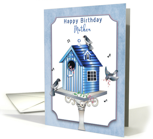 Birthday Mother Victorian Birdhouse and birds in Shades of Blue card