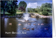 Birthday, Son, Tranquility with Geese Swimming around Fountain in pond card