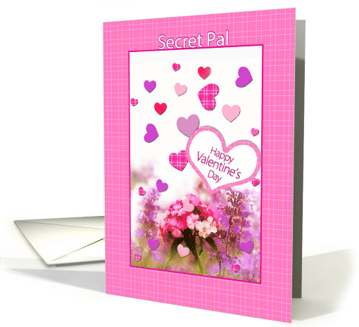 Valentine's Day, Secret Pal, Pink Plaid with Hearts and Flowers card