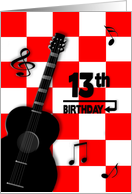 13th Birthday, Black Acoustic Guitar on Red and White Squares card