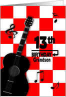 13th Birthday Grandson, Black Acoustic Guitar on Red and White Squares card