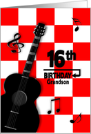 16th Birthday Grandson, Black Acoustic Guitar on Red and Black Squares card