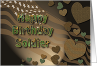 Birthday, Soldier, Patriotic, Tones of Brown in Hearts and US Flag. card