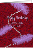 Birthday, Classy Lady in Red, Purple Feathers and Faux Diamonds card