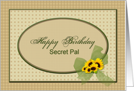 Birthday, Secret Pal, Sunflowers and Green Bow Oval, Beige Patterns card
