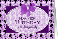 Birthday,80th, Purple Flowers with Beaded Oval and Bow for a Lady card