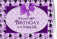 Birthday, 90th, Delicate Purple Flowers with Bow and Beaded Oval card