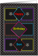 Birthday, Son, Abstract Black Squares and Diamond Shapes, Neon Colors card