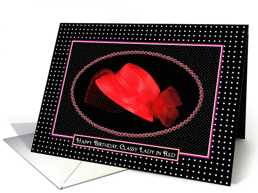 Birthday, Classy Lady in Red Hat, Polka Dots on Black card (623143)
