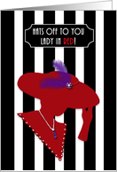 Hats Off To You, Lady in a Red Hat with Black and White Stripe Background card