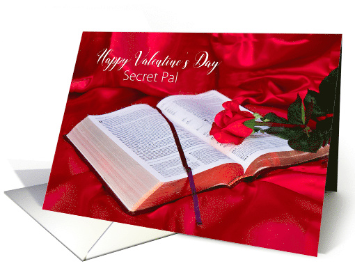 Valentine's Day, Secret Pal, Bible Opened with Red Rose on Silk card
