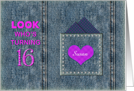 16th Birthday Party Invitations, Name Insert, Jeans and Faux Jewels card