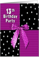 13th Birthday Party Invitation,Gift, Present Black Fuschia Bow, Female card