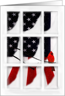 Thinking of You Patriotic Christmas Window Pane, Flag and Red Cardinal card