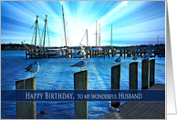 Birthday, Husband, Seagulls Perched on Bulkheads by Marina at Sunset card