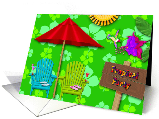 Tropical Party Invitations - Beach Umbrella, Drinks, Festive card
