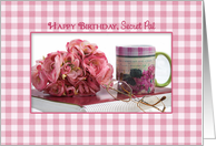 Birthday, Secret Pal, Pink Gingham, Flowers and Coffee Mug, Glasses card