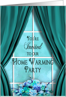 Housewarming Invitation, Window and Teal Curtains with Floral Bouquet card