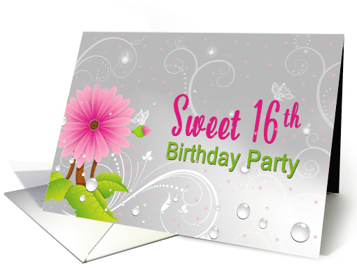Sweet 16th Birthday Party Invitation, Dainty Pink Flower &... (970985)