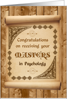 Congratulations Masters in Psychology, Scroll on Wood Look card