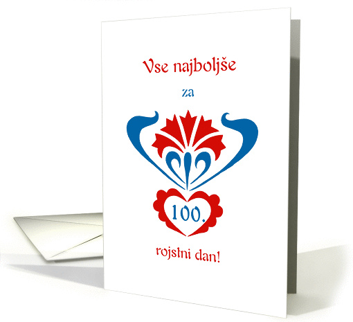 slovenian happy 100th birthday, carnation and heart motif card