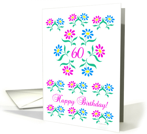 pink and blue flowers, happy 60th birthday card (837140)
