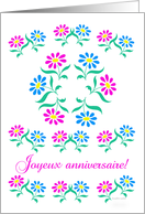 pink and blue flowers, french happy birthday card
