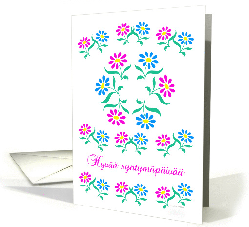 pink and blue flowers, finnish happy birthday card (837172)