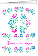 pink and blue flowers, norwegian happy birthday card