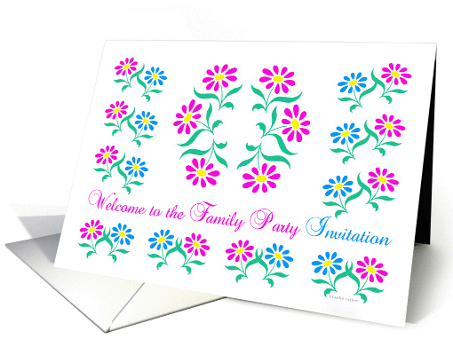 pink and blue flowers, welcome to the family party invitation card