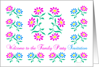 pink and blue flowers, welcome to the family party invitation card