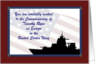 U.S. Navy Commissioning Invitation Custom Text, Ship with Flag card