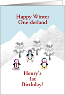 Winter One-derland 1st Birthday to Little Boy, Penguins in the Snow card