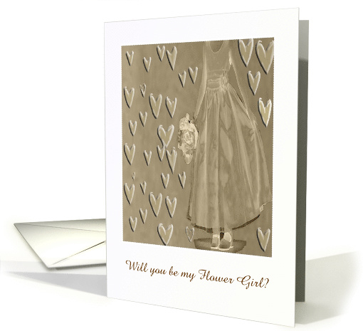 Hearts and Flower Girl with Bouquet, Sepia, Custom Text card (363599)