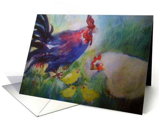Rooster and Family - Blank Card - Watercolor card (529359)
