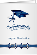 Congratulations 2024 Graduation Silver Blue Mortar Cap, Diploma card