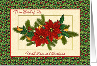 From both of us - Poinsettias, holly and pine card