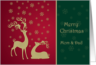 Christmas Mom & Dad - Golden reindeers and snowflakes on red card