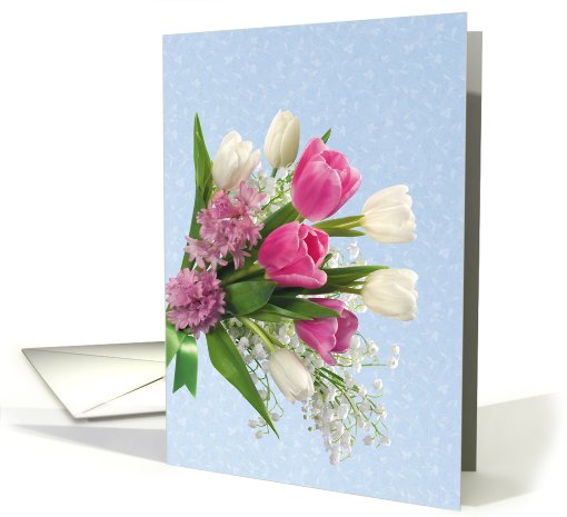 Spring flowers bouquet - hyacinth, lily oft the valley and tulip card