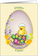 Easter chick with colorful eggs and flowers. card
