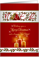Christmas Noel card with bells, candles and holly card