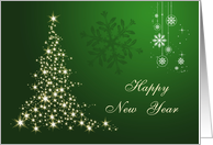 Business, New Year - Sparkling Christmas tree and snowflakes on green card