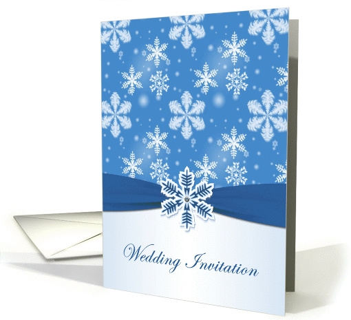 Wedding Invitation - white snowflakes on blue with printed ribbon card